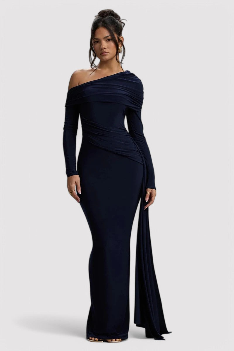 Elegantes Rüschendes Langes Bodycon-Maxi-Kleid