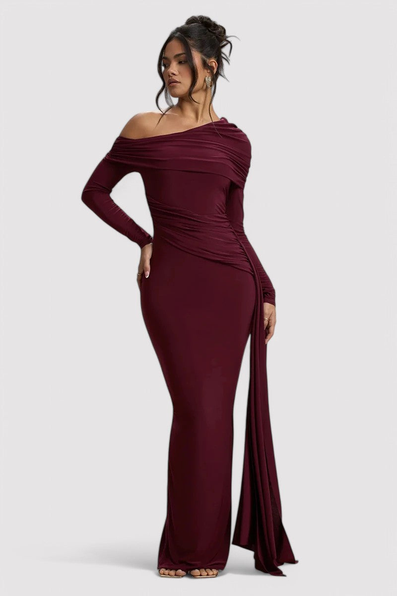 Elegantes Rüschendes Langes Bodycon-Maxi-Kleid