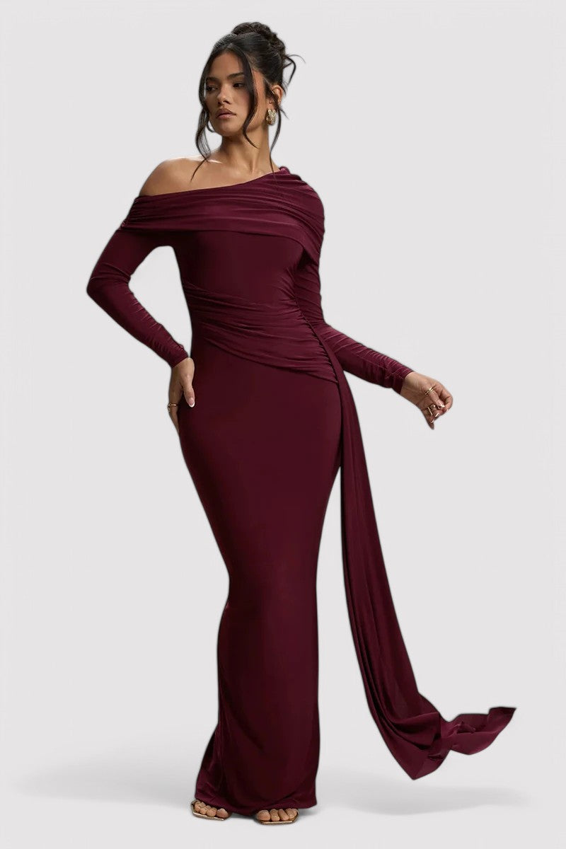 Elegantes Rüschendes Langes Bodycon-Maxi-Kleid