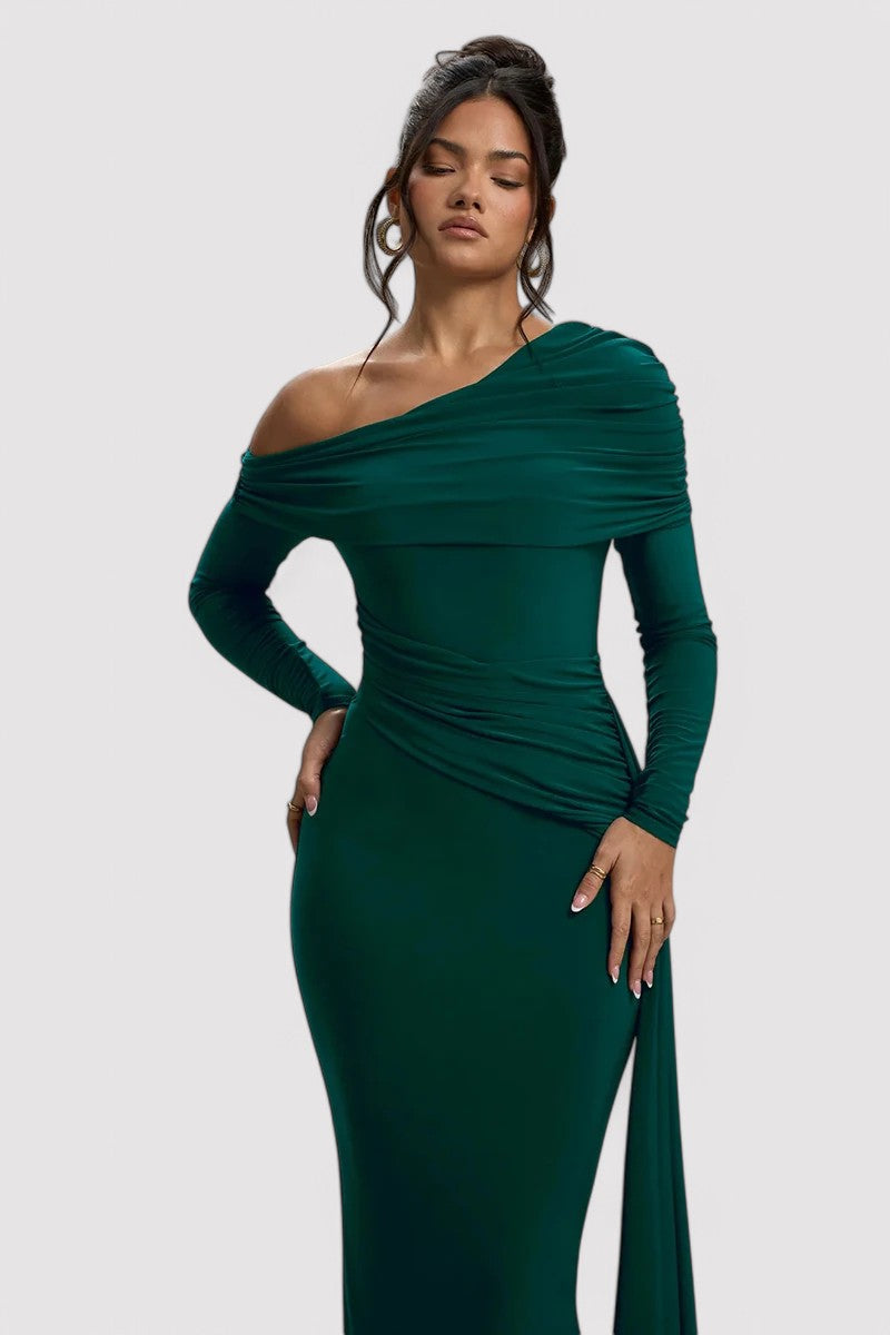 Elegantes Rüschendes Langes Bodycon-Maxi-Kleid