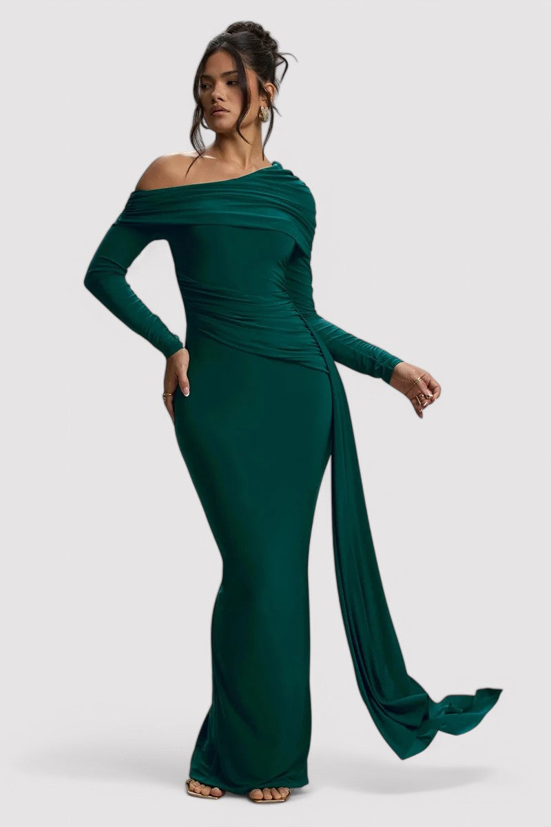 Elegantes Rüschendes Langes Bodycon-Maxi-Kleid