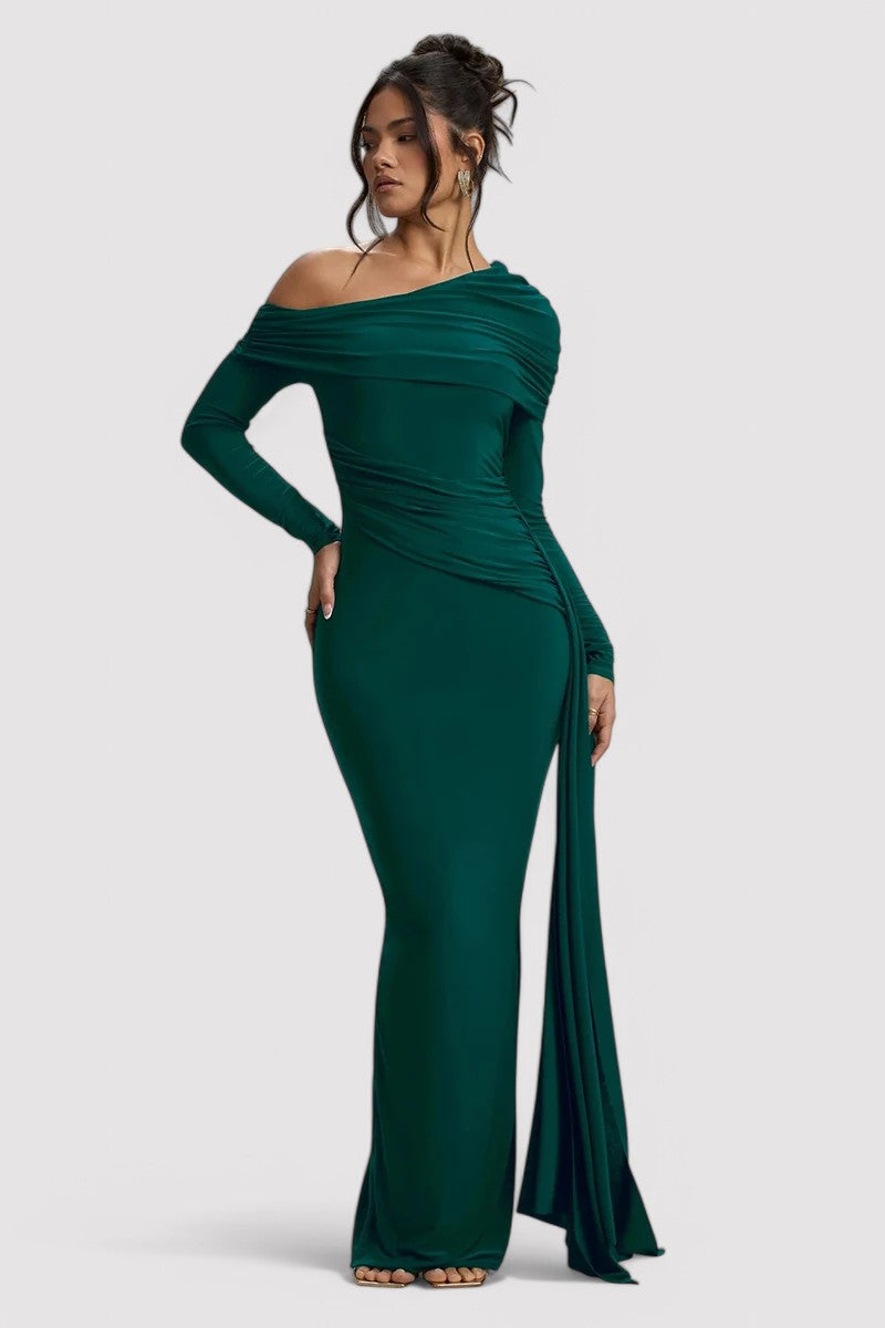Elegantes Rüschendes Langes Bodycon-Maxi-Kleid